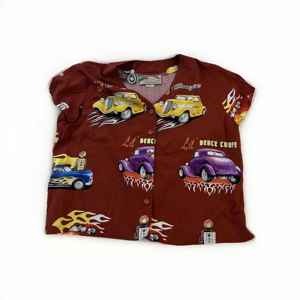 NWT Paradise Found Vintage Hot Rod Crop Hawaiian Shirt Med Lil Deuce Coupe Aloha